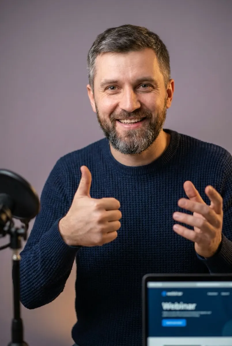 Webinar host smiling during a live broadcast on the Webi Air platform